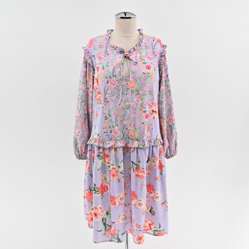 TOLANI Collection Dress Sz S Lavender Floral Balloon Sleeve Ruffle Peasant Bloom